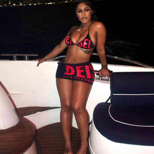 Sexy neck tie up top, high waisted, hip wrapped short skirt, bikini set