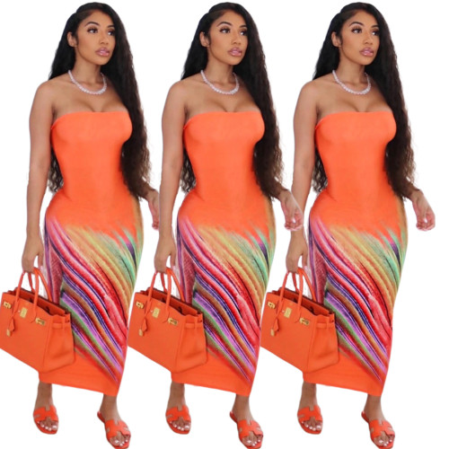 Women's Chest Wrapped Off Shoulder Colorful Striped Dress