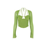 Women's sexy mesh long sleeved body tied with hollowed out navel, irregular spicy girl fishbone top for women