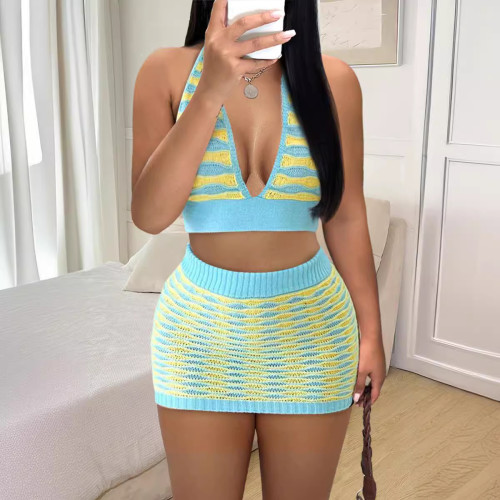 Women's new sexy knitted contrasting short sleeved shorts casual set, two-piece set