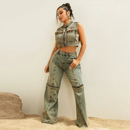 Cowboy Wash Shake Head Button Sleeveless Personalized Trendy Vest