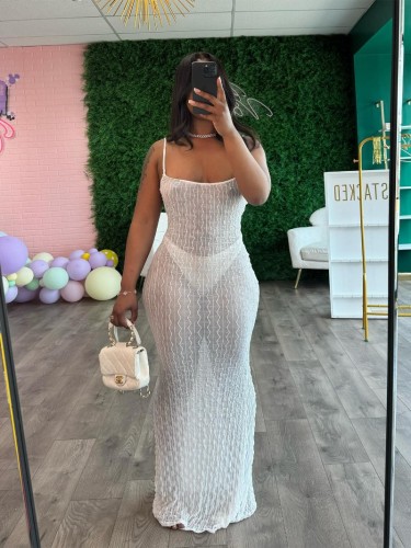 Women Sexy Jacquard Camisole Maxi Dress See Through Low-neck Spaghetti Straps Backless Bodycon Slim Clubwear Party Long Robe
