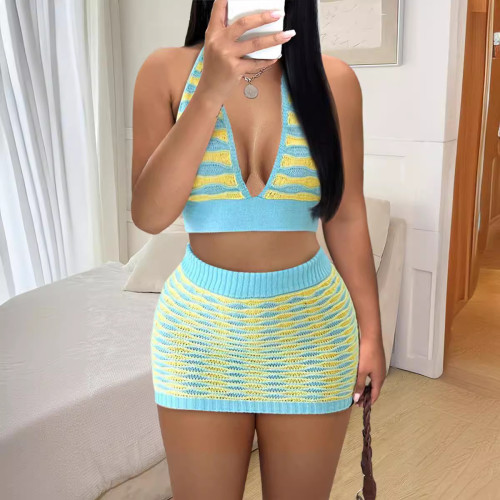 Women's new sexy knitted contrasting short sleeved shorts casual set, two-piece set