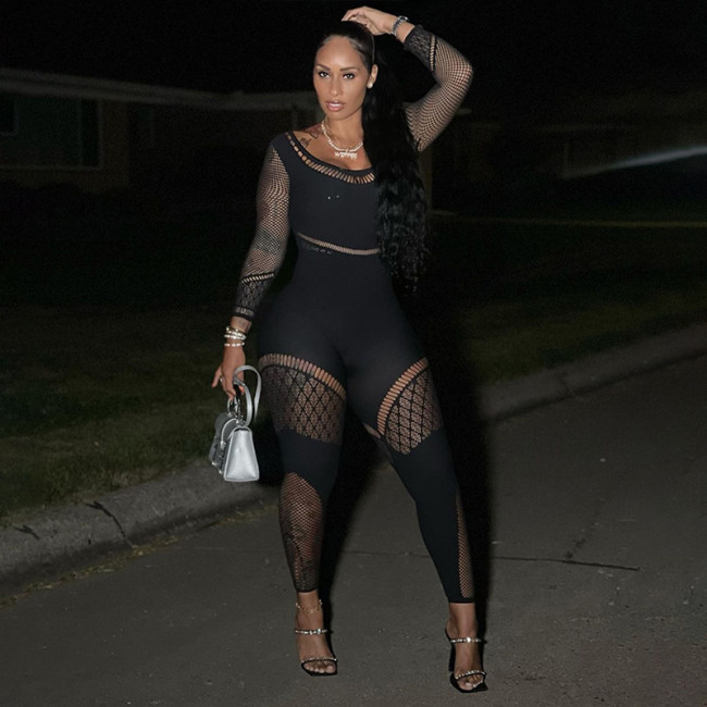 Women's New Sexy Mesh Perspective Hollow High Waist Long Pants Long Tight jumpsuit