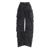 Smoke grey patchwork multi pocket workwear pants washed and distressed on the street