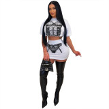 Summer round neck, buttocks wrapped, printed, navel exposed European and American dress set for women