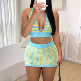 Women's new sexy knitted contrasting short sleeved shorts casual set, two-piece set