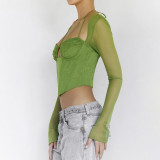 Women's sexy mesh long sleeved body tied with hollowed out navel, irregular spicy girl fishbone top for women