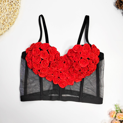 Carnival Valentine's Day Love Sling Perspective Set with Pure Handmade Embroidered 3D Flower Fishbone Bra Colored Tank Top
