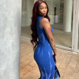 Round necked sleeveless elegant and elegant dress with a slim waist, high slit, exposed legs, long skirt, tight fit, buttocks wrapped, oversized women's skirt