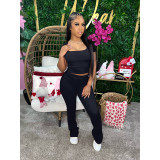 Summer New Pit Stripe U-Neck Short Sleeve Flipped Pants Two Piece Set for Women