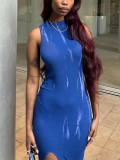 Round necked sleeveless elegant and elegant dress with a slim waist, high slit, exposed legs, long skirt, tight fit, buttocks wrapped, oversized women's skirt