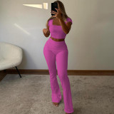 Summer New Pit Stripe U-Neck Short Sleeve Flipped Pants Two Piece Set for Women