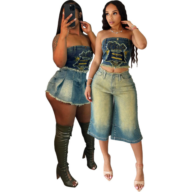 Women's elastic denim fabric patch embroidery denim imitation skirt top