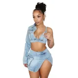 New denim stretch set with half exposed backpack and hip slit denim skirt set