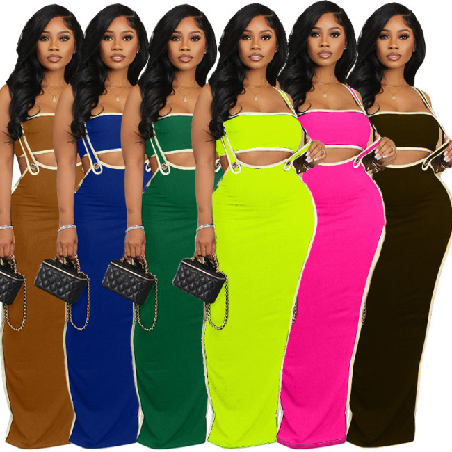 Women's camisole skirt, striped vest, slit long skirt, casual and sexy two-piece set skirt