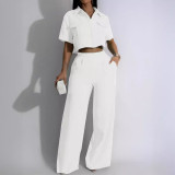 Summer New Fashion Polo Neck Short Sleeve High Waist Wide Leg Long Pants Fashion Set