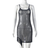 Women's sleeveless ironing silver mesh perspective tassel sexy dress for women