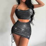 Dressed in solid color, slim fit, backless suspender, buttocks wrapped skirt, women's drawstring pleated short skirt
