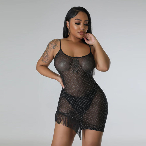 Women's sleeveless ironing silver mesh perspective tassel sexy dress for women