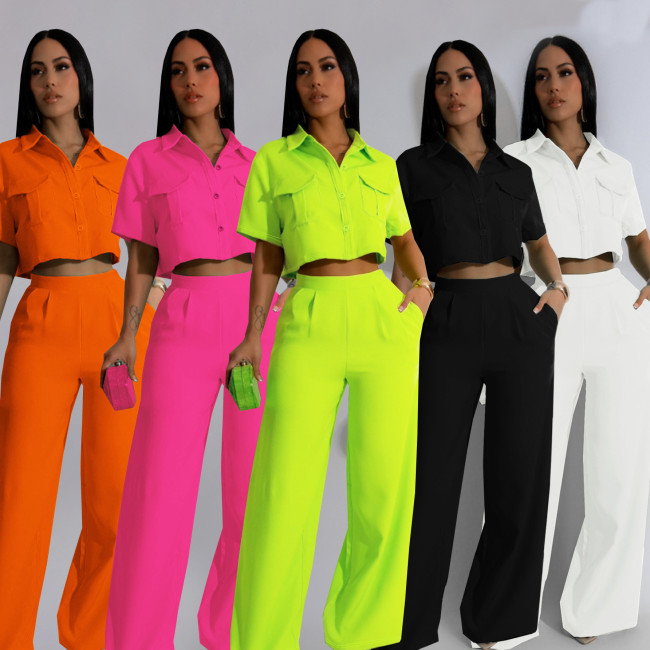 Summer New Fashion Polo Neck Short Sleeve High Waist Wide Leg Long Pants Fashion Set