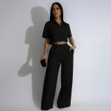 Summer New Fashion Polo Neck Short Sleeve High Waist Wide Leg Long Pants Fashion Set