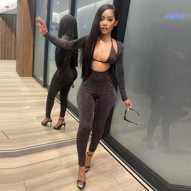 Mesh splicing hanging neck slimming and hip lifting fashionable jumpsuit