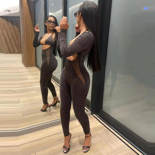 Mesh splicing hanging neck slimming and hip lifting fashionable jumpsuit