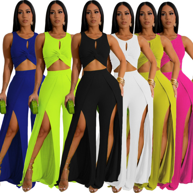 Fashion casual set with split vest and wide leg pants, two-piece set for women