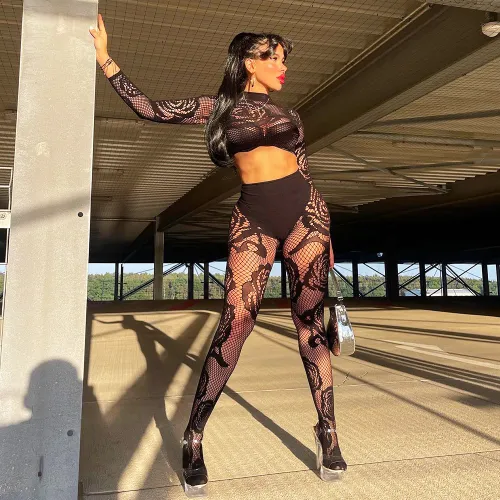 INS New Integrated High Elastic Perspective Flower Sexy Pants Set