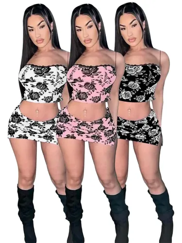 Women's lace patchwork printed suspender dress two-piece set