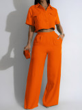 Summer New Fashion Polo Neck Short Sleeve High Waist Wide Leg Long Pants Fashion Set