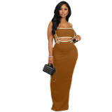 Women's camisole skirt, striped vest, slit long skirt, casual and sexy two-piece set skirt