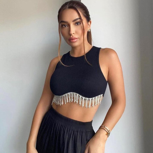 Women's sexy waist revealing fashion diamond chain tassel vest