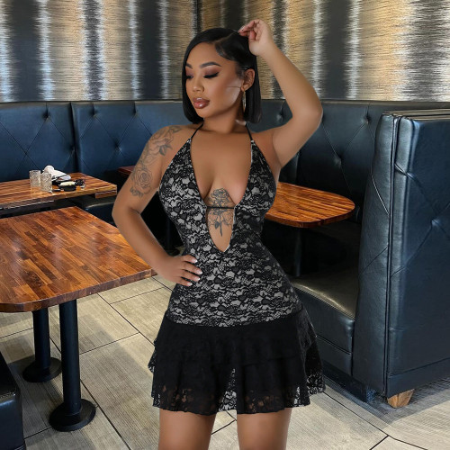Summer New Dress Lace up Open Back Sleeveless Hanging Neck Short Dress