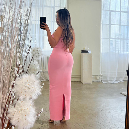 New Pink Slim Tight Bandage Skirt with High Elastic Wrap Hip Length Dress