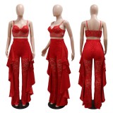 Sexy Sheer Floral Lace Women's Set  Crop Tops + Side Ruffles Flare Pants Suits Two 2 Piece Set Streetwear Club Party Outfit
