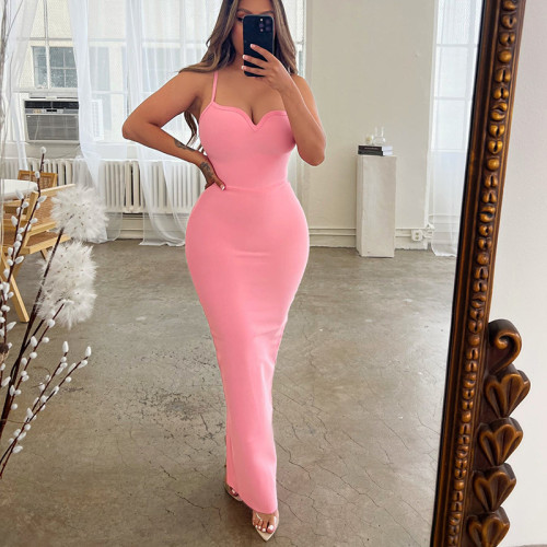 New Pink Slim Tight Bandage Skirt with High Elastic Wrap Hip Length Dress
