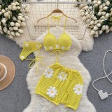 Beach Resort Style Knitted Tie Bikini Set for Women's Summer Flower Design, Unique and Sweet, Pure Desire Three Piece Set