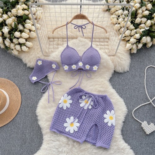 Beach Resort Style Knitted Tie Bikini Set for Women's Summer Flower Design, Unique and Sweet, Pure Desire Three Piece Set