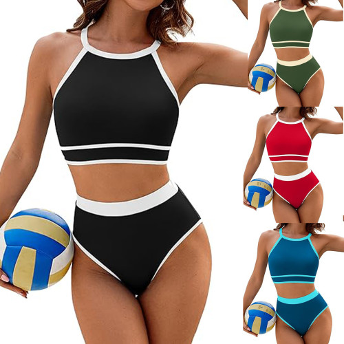 Women's swimsuit, high waisted bikini set, solid color sports swimsuit, two-piece swimsuit
