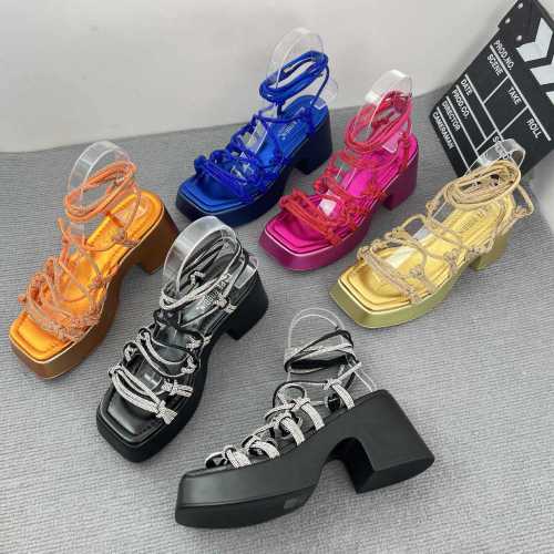 Large size increased thick sole sandals with a stylish rhinestone strap casual women's Roman sandals