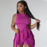 Sleeveless jumpsuit paired with tassels, casual shorts, fashionable two-piece set for women