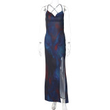 Summer New Fashion Print Open Back Holiday Casual Strap Dress for Women