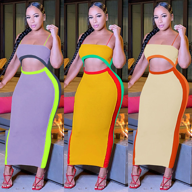 Elastic multi-color color blocking sleeveless suspender with exposed waist hollow out dress