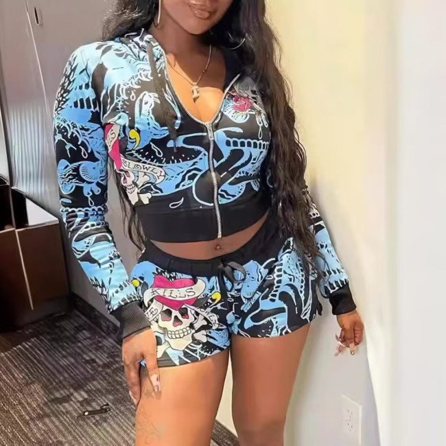 New European and American trendy printed long sleeved shorts set