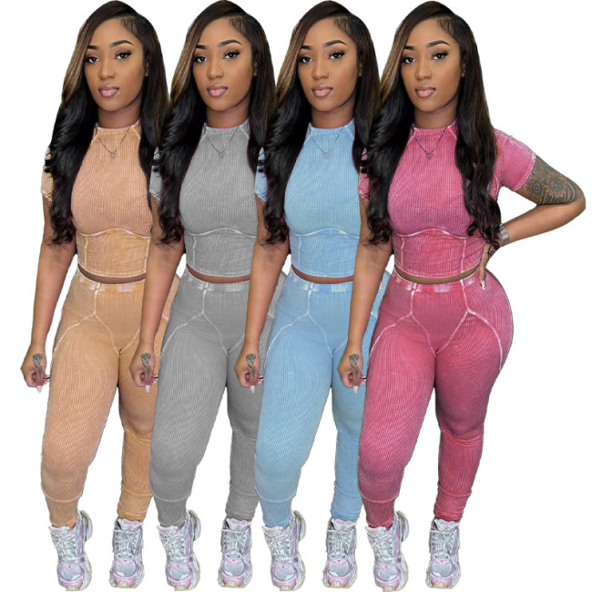 Hot selling women's clothing, washed and worn-out threaded short sleeved pants set