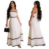 Solid color wave woven belt splicing with straight tribute cloth suspender dress for women's solid color large swing skirt
