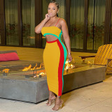Elastic multi-color color blocking sleeveless suspender with exposed waist hollow out dress