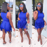 Sleeveless jumpsuit paired with tassels, casual shorts, fashionable two-piece set for women